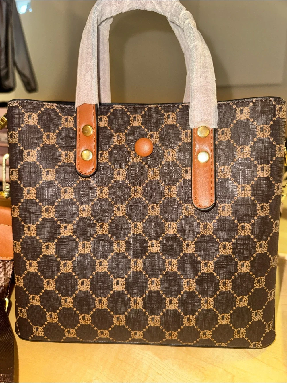 Sumzen Brown Patterned Tote/Crossbody